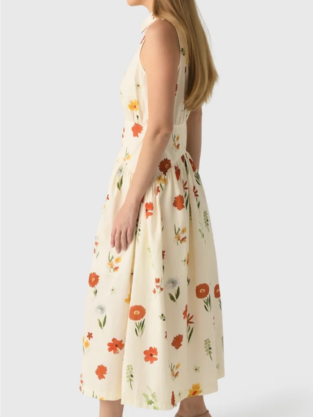 Sleeveless Cream Midi Dress with Orange & Green Floral Print - Picture 2 of 5